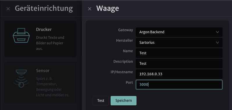 Waage hinzufügen: Name, IP/Hostname und Port ausgefüllt