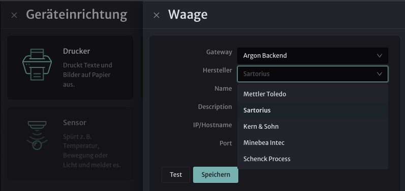 Waage hinzufügen: Hersteller auswählen (z. B. Sartorius)