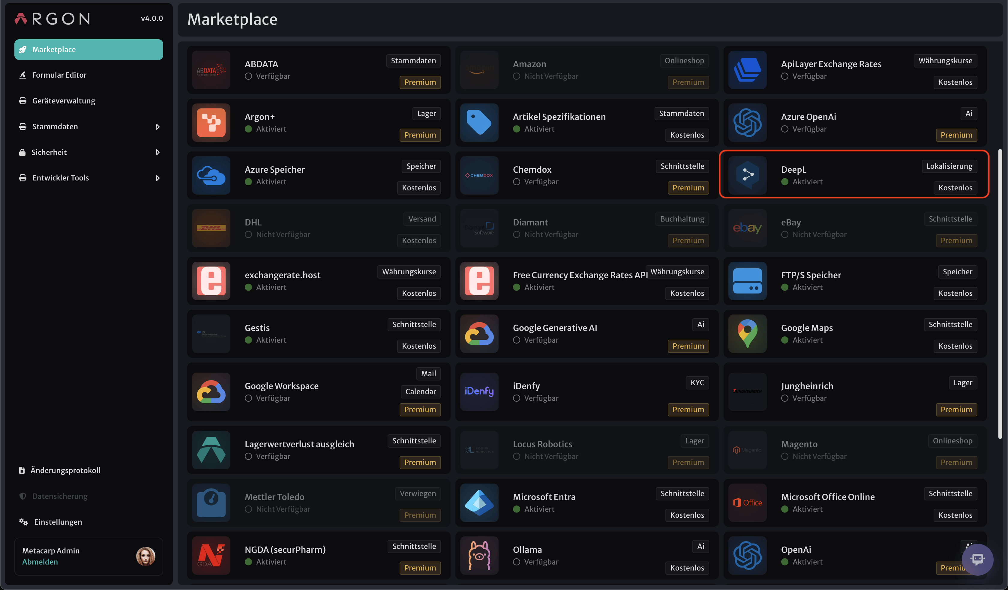 DeepL im Argon Marketplace finden