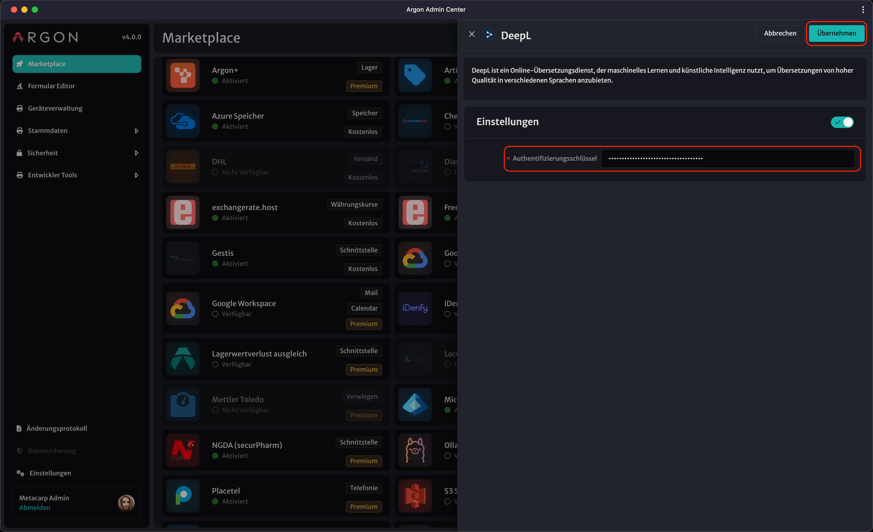 DeepL Konfiguration - Eingabefeld für API-Schlüssel