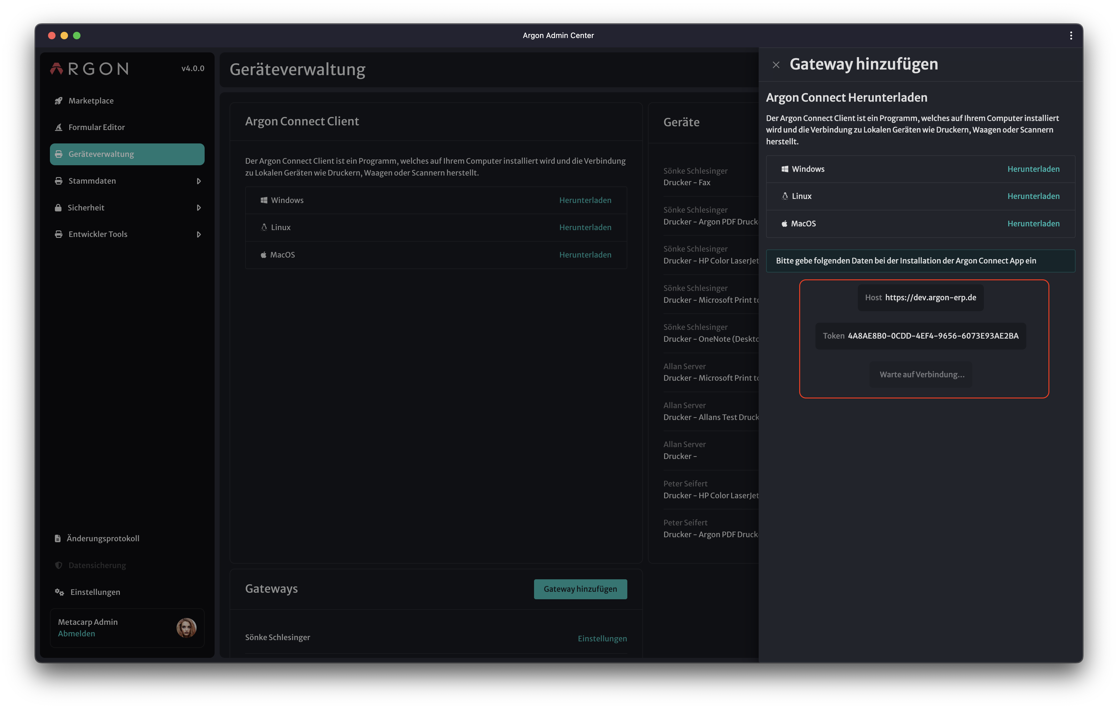 Image: Host und Token des Gateways