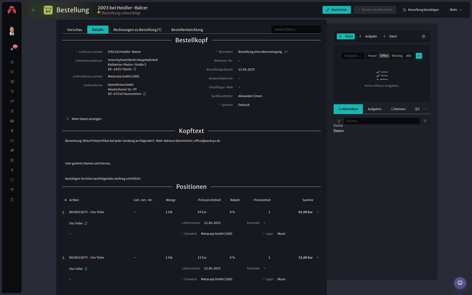 Bestellung Details Header