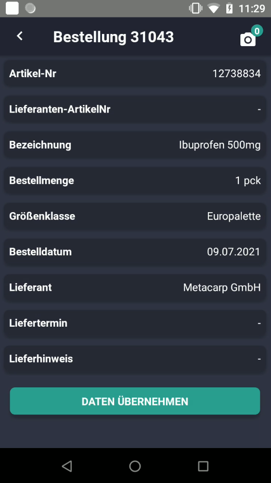 Screenshot: Bestelldetails