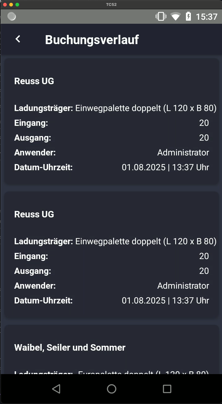 Screenshot: Buchungsverlauf mit detaillierten Transaktionsdaten