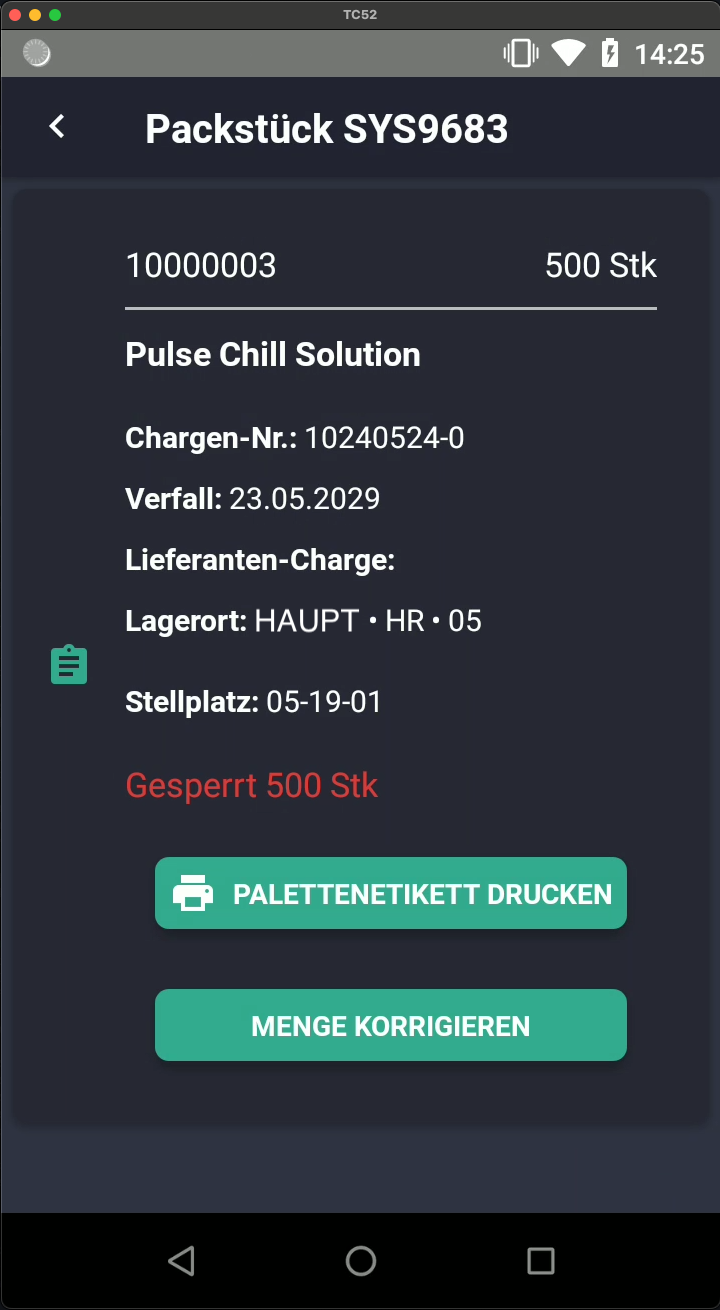 Screenshot: Packstück-Details mit Verwaltungsfunktionen