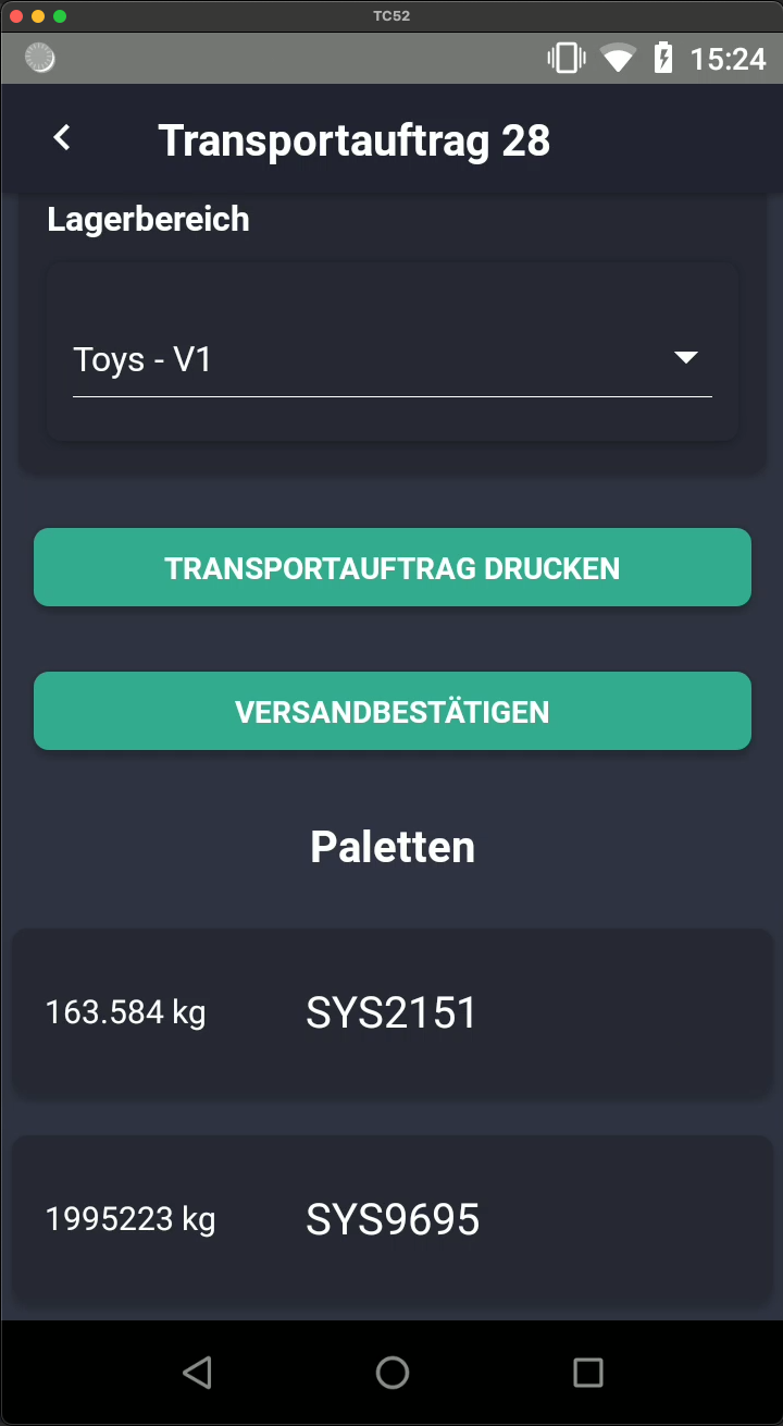 Screenshot: Paletten-Übersicht mit Aktionsbuttons