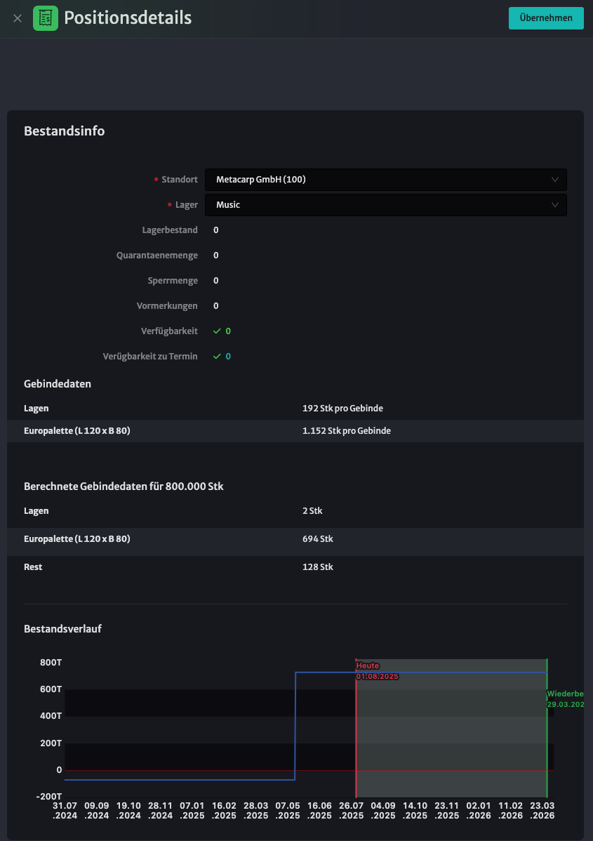 Positionsdetails Bestandsinfo