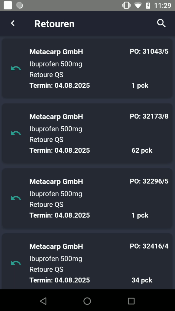 Screenshot: Retouren-Übersicht