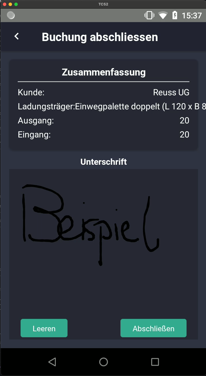 Screenshot: Buchung abschließen mit Zusammenfassung und Unterschrift