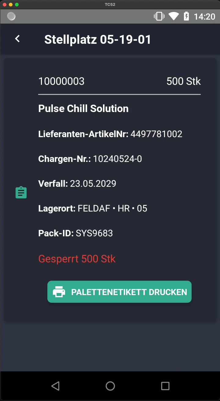 Screenshot: Stellplatz-Details mit Artikelinformationen