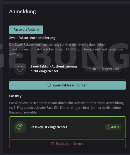 Passkey-Einrichtungsansicht – Passkey aktiv