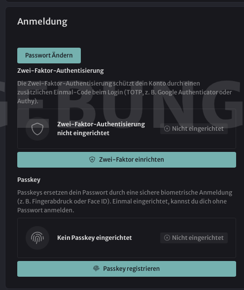 Passkey-Einrichtungsansicht – kein Passkey eingerichtet